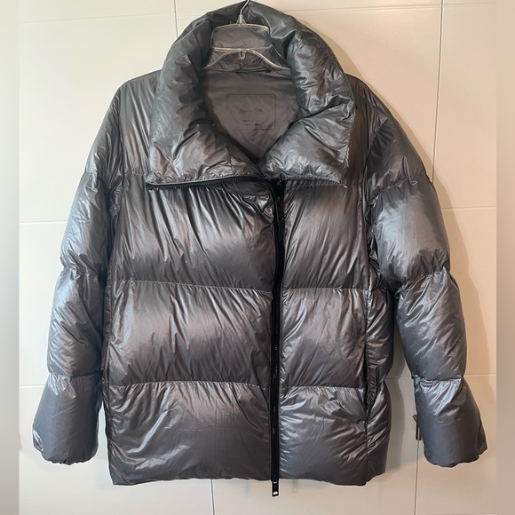 Massimo Dutti Down Puffer Coat in Silver Grey Metallic Size M - Picture 3 of 17